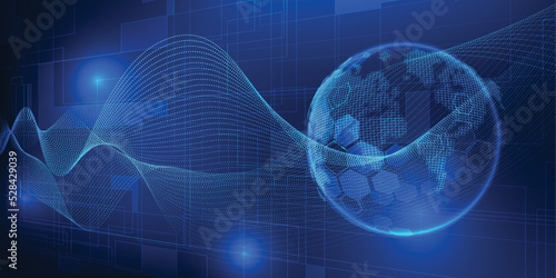 Vector illustrations of digital tech globe flying through wave wireframe represent to innovation data communication technology.Futuristic technology design concepts.