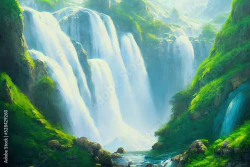 The Beautiful Big Waterfalls. The Cataract and Falls in the Mountain. Green Valley Forest and Majestic Fantasy Waterfalls. Turquoise mountains.Concept Art Scenery. Book Illustration. Video Game Scene 