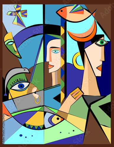 Colorful background, cubism art style,abstracts faces