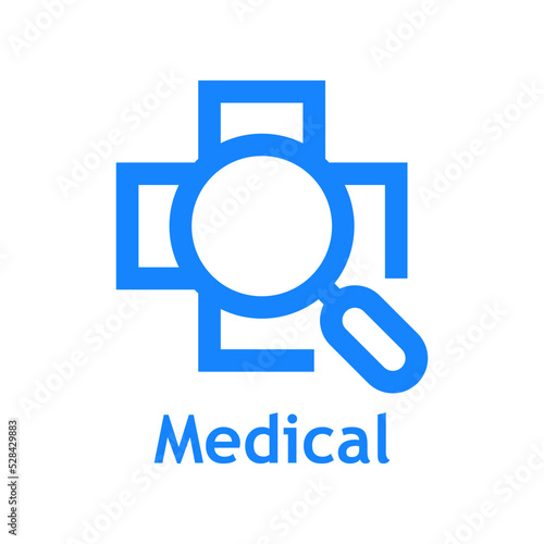 Logo de buscar atención médica. Silueta de cruz medicina con lupa lineal aislada