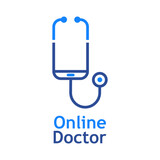 Telemedicina. Logo de médico en línea. Atención médica remota. Silueta de estetoscopio con forma de teléfono móvil aislada