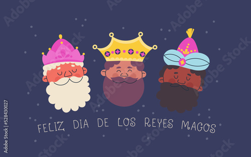 Lettering in Spanish Happy Three Magic Kings Day. Greeting card or banner for the day of Epiphany. Vector fashion illustration.
