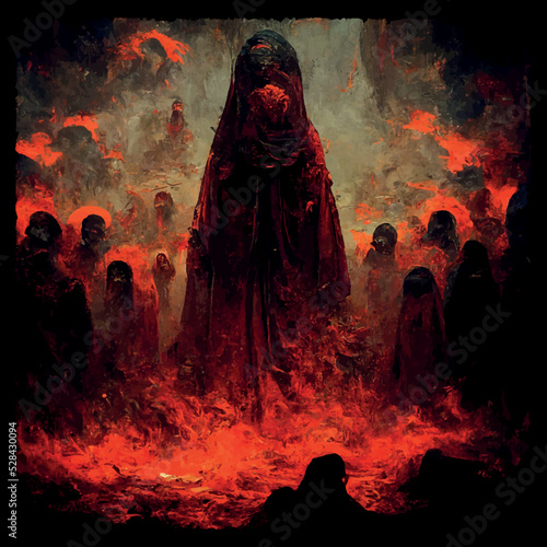Fotobehang The man from Hell, the man of Hell, has taken people behind him and leads them i