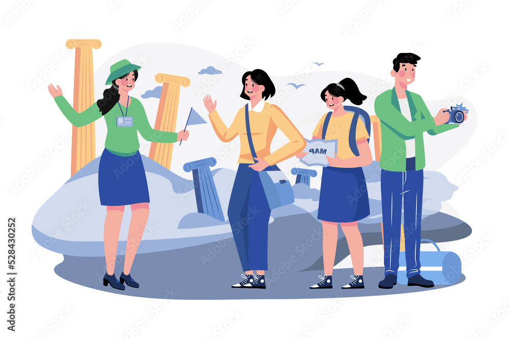 Fototapeta premium Tour Guide Lady And Group Of Tourists