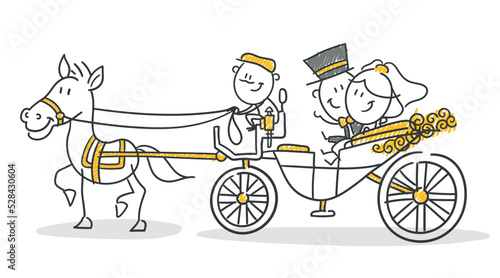Strichfiguren / Strichmännchen: Hochzeitskutsche, Kutsche, Brautpaar, Flitterwochen. (Nr. 834)