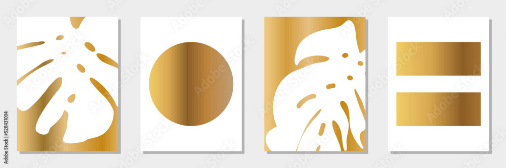 Abstract tropical art set. Monstera palm leaves and simple geometric and abstract shapes in golden gradient and white. Stylish vector minimalist wall art decor. Abstract tropical art set. Monstera palm leaves and simple geometric and abstract shapes in golden gradient and white. Stylish vector minimalist wall art decor.