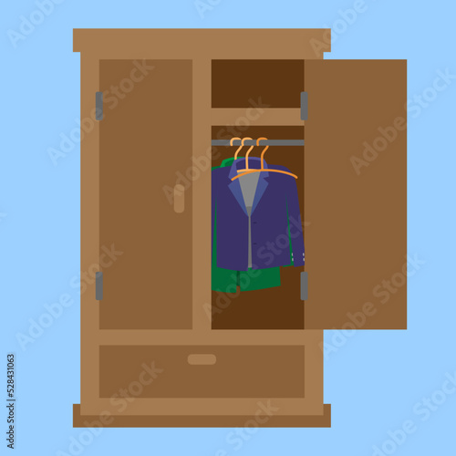open wooden wardrobe with things
