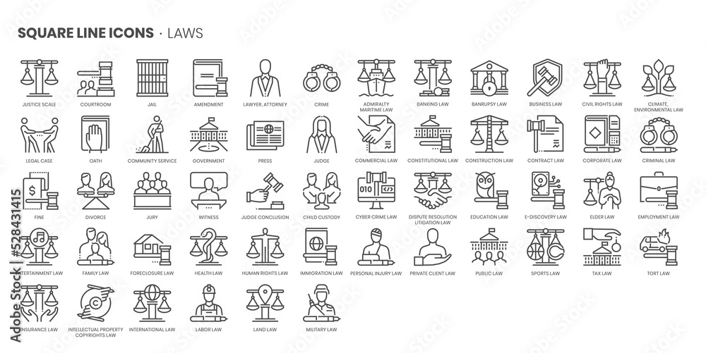 Law related, pixel perfect, editable stroke, up scalable square line vector icon set. - obrazy, fototapety, plakaty 