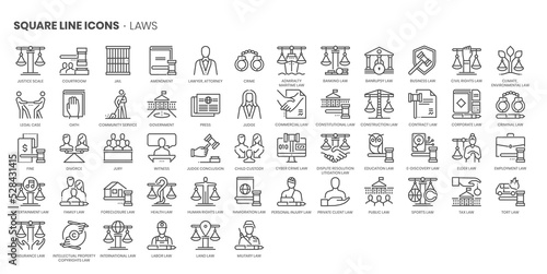 Law related, pixel perfect, editable stroke, up scalable square line vector icon set.