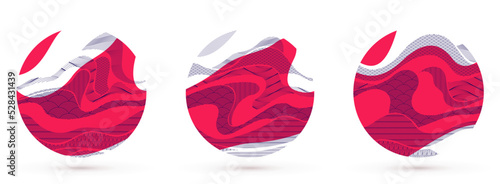 Abstract oriental Japanese art vector backgrounds set in red color in shape of circle, traditional style design, wavy shapes and mountains terrain landscape, runny like sea lines.