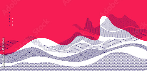 Oriental Japanese style vector abstract illustration in red color, background in Asian traditional style, wavy shapes and mountains terrain, runny like sea lines.