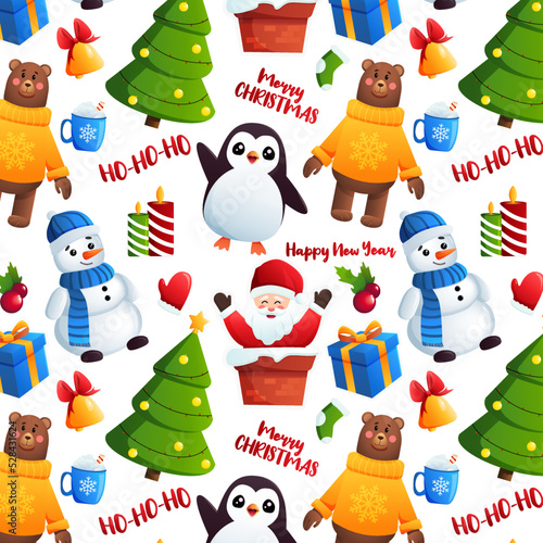 seamless pattern for new year and merry  Christmas with Santa, penguin and others. Vector background
