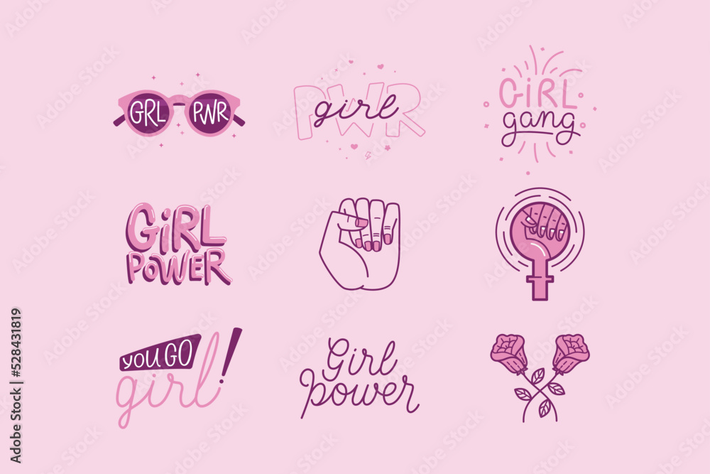 Vector set of stickers and badges in simple style with hand-lettering phrases girl power, girls can - stylish print for poster or t-shirt - feminism quotes and woman motivational slogans