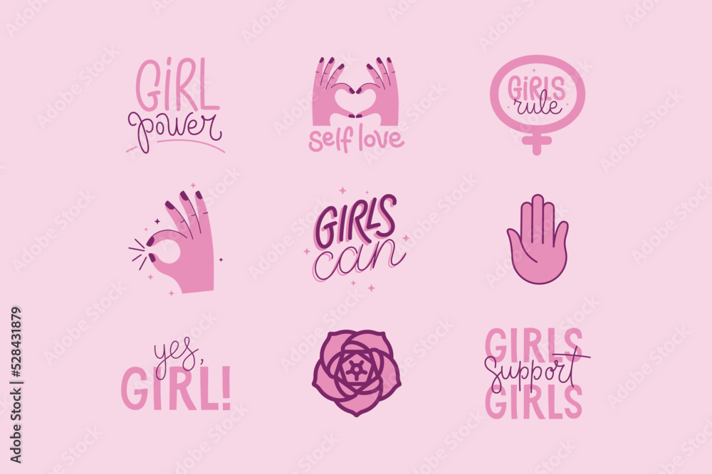 Vector set of stickers and badges in simple style with hand-lettering phrases girl power, girls can - stylish print for poster or t-shirt - feminism quotes and woman motivational slogans Vector set of stickers and badges in simple style with hand-lettering phrases girl power, girls can - stylish print for poster or t-shirt - feminism quotes and woman motivational slogans
