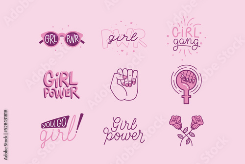 Vector set of stickers and badges in simple style with hand-lettering phrases girl power, girls can - stylish print for poster or t-shirt - feminism quotes and woman motivational slogans