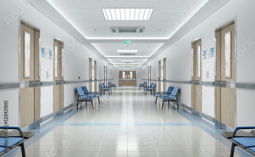 Long white hospital corridor with rooms and seats 3D rendering. Empty accident and emergency interior with bright lights lighting the hall from the ceiling