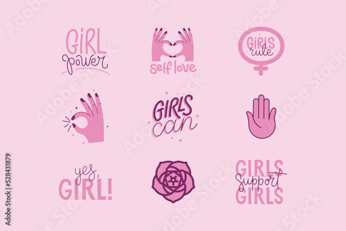 Vector set of stickers and badges in simple style with hand-lettering phrases girl power  girls can - stylish print for poster or t-shirt - feminism quotes and woman motivational slogans