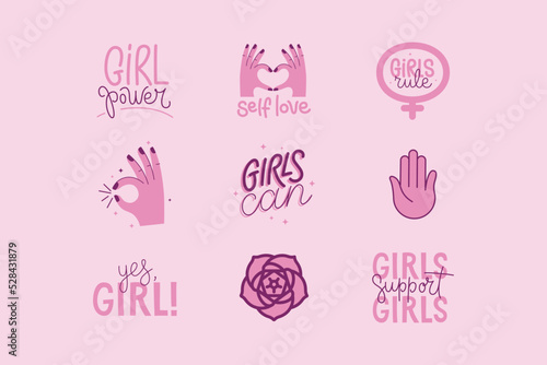 Vector set of stickers and badges in simple style with hand-lettering phrases girl power, girls can - stylish print for poster or t-shirt - feminism quotes and woman motivational slogans