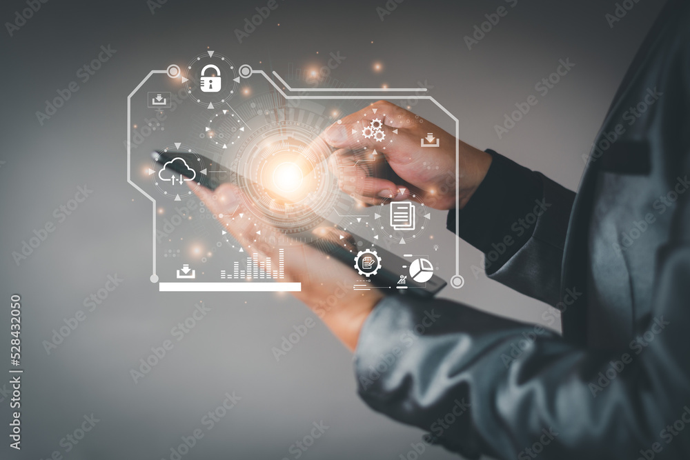 Fototapeta premium Businessman accessing the Cloud Computing Technology Internet Storage Network Concept And a large database big data Through internet technology. Digital business data, Future Data Network Management.