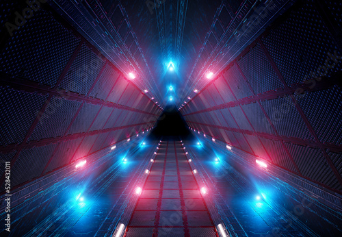 Fototapeta Naklejka Na Ścianę i Meble -  Futuristic interior corridor with blue pink neon lights walls. Triangle shaped spaceship background in space station. Pyramid style tunnel with lit path way. Cyber room with sci fi laser. 3d rendering