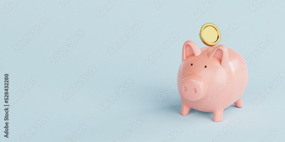 Golden coins putting to pink piggy bank, Money saving for investment and financial planing concept by 3d render.