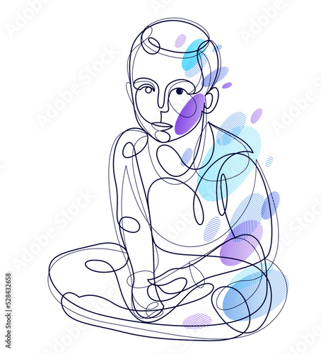 Cute beautiful boy vector line art monochrome illustration isolated, toddler kid artistic linear drawing.