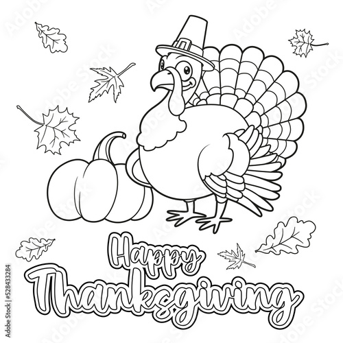 Cute cartoon turkey wearing a pilgrim hat wishes happy thanksgiving day outlined for coloring page on white background photo