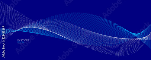 Dark blue abstract background, vector wave of flowing particles, curvy lines of dots in motion, technology and science theme, airy and ease futuristic illustration.