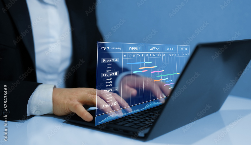 Project manager working on laptop and updating tasks and milestones ...
