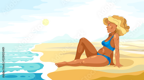 Pretty sexy woman on sea shore beach wearing bikini calm relaxing and rest looking to the sea, posing attractive adorable gorgeous girl on nature.