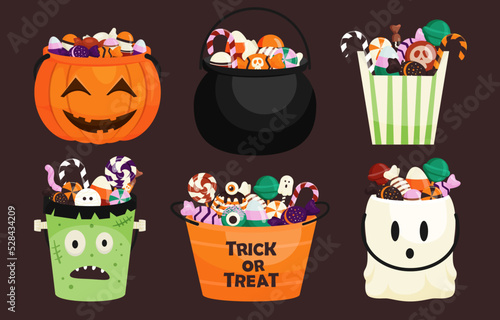 Halloween buckets of various shapes full of sweets, candies and desserts. Sweets for children in pumpkin bag, bowler hat. Vector illustration in flat style