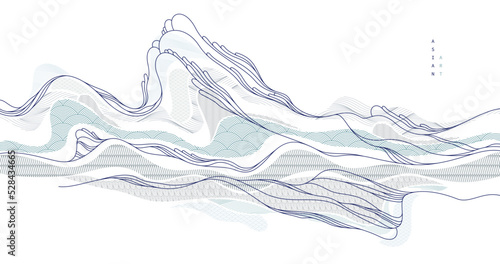 Oriental Japanese style vector abstract illustration, background in Asian traditional style, wavy shapes and mountains terrain, runny like sea lines.