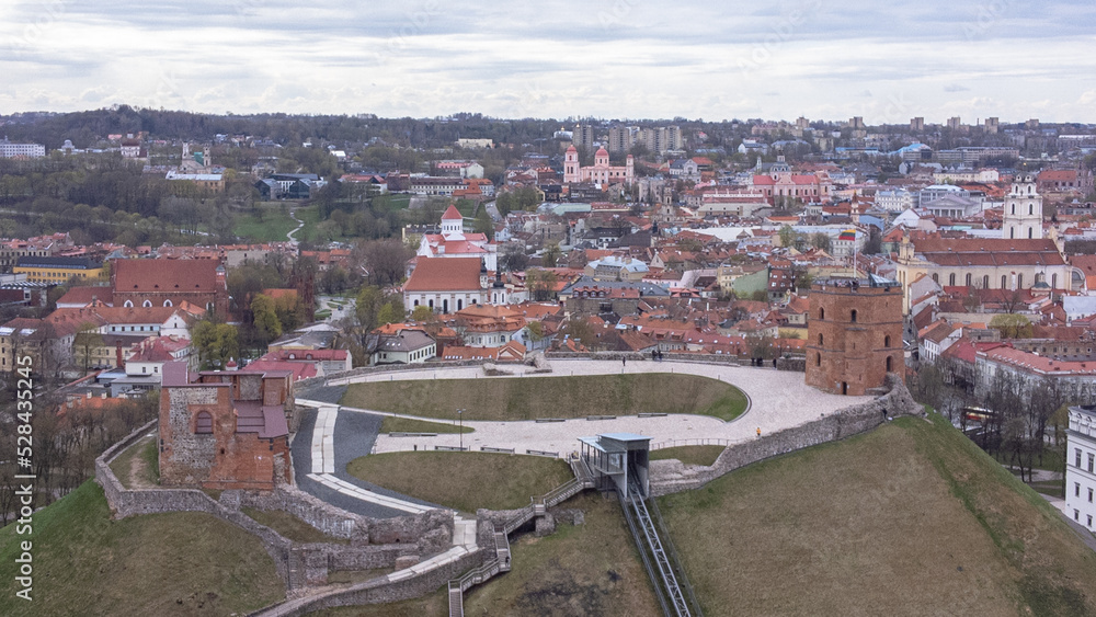 Arial , Birds Eye View Of The City Of Vilnius with Gedimino tower and Palace of Lithuanias Kings