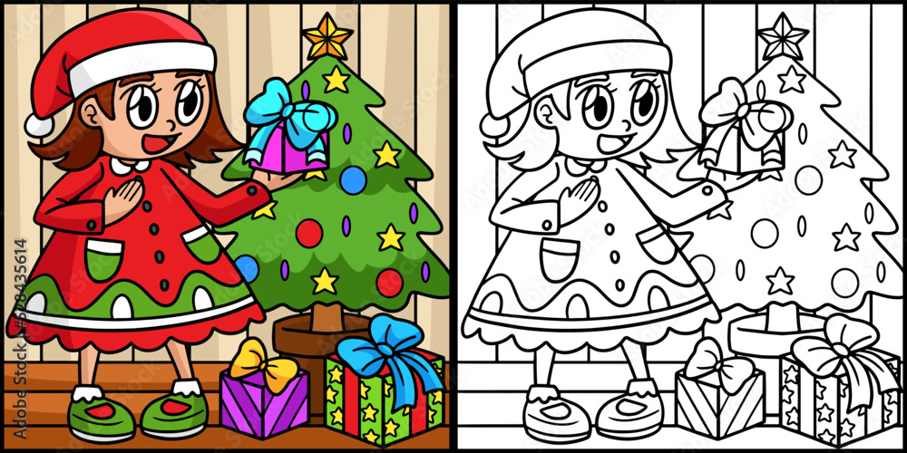 Gift And Christmas Tree Coloring Page Illustration