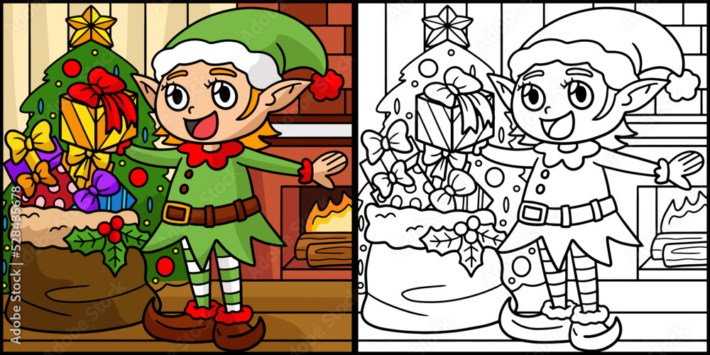 Christmas Elf Coloring Page Illustration