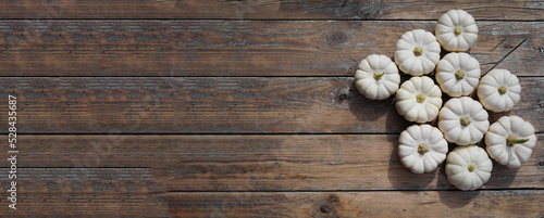 Happy Thanksgiving concept. Autumn composition with white pumpkins on wooden table. Flat lay, top view, copy space.