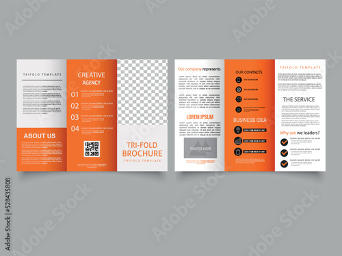 A simple orange trifold brochure with line icons in the design.