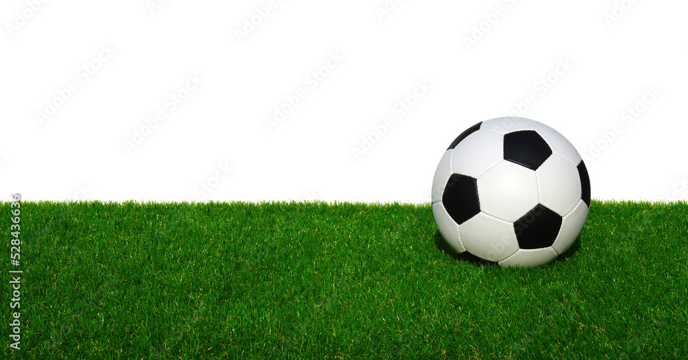 Soccer ball on green sports floor isolated on white
