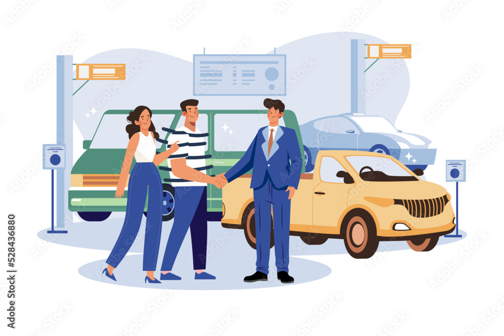 Happy customers couple handshaking with a manager in an auto salon Happy customers couple handshaking with a manager in an auto salon