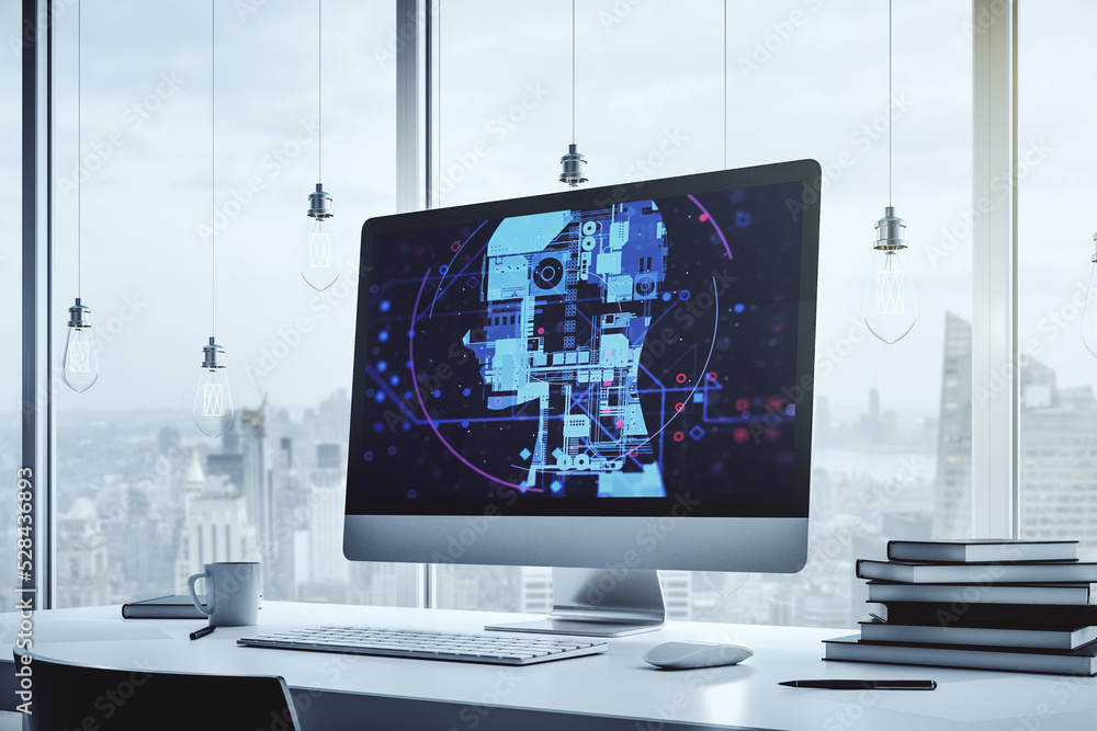 Modern computer monitor with creative artificial Intelligence symbol ...