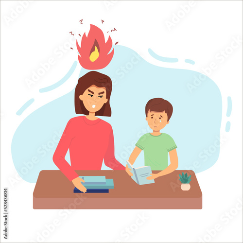 Education concept Female teacher feeling angry to naughty schoolboy while standing. vector flat screaming at a child
