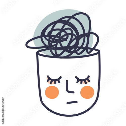 Mental Health. Head with a tangled tangle of thoughts inside. Symbol of depression, anxiety, bad mood. Doodle illustration with transparent background.