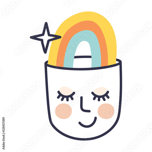 Mental Health. Head with a rainbow inside. A symbol of psychological well-being, tranquility, good mood. Doodle illustration with transparent background.