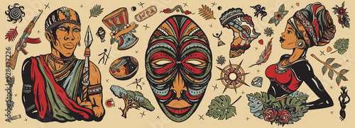 Old school tattoo collection. Africa.  African woman in traditional turban, maasai warrior, tribal mask, kalimba, map, drum. Tradition, people and culture. Ethnic afro girl and black tribe man