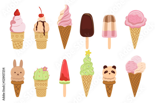 Various types of ice cream isolated on white background. Vector graphics.