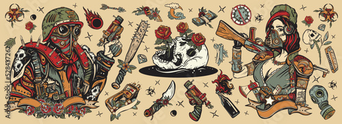 Old school tattoo collection. Post apocalypse.  Post apocalyptic man warrior, soldier woman in gas mask. Doomsday girl and gun, end of world elements. People and weapon of dark future. Nuclear war set