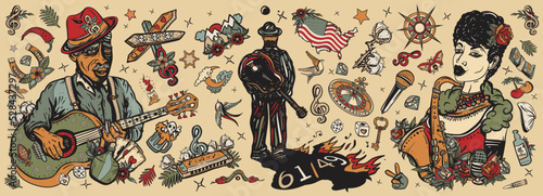 Old school tattoo collection. Blues music. Elderly Afro American bluesman playing slide guitar. Beautiful black jazz woman, saxophone, harmonica. Musical legend, crossroads 61 49 and devil