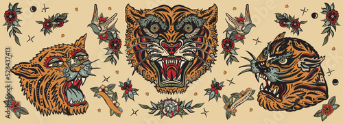 Old school tattoo collection. Tigers. Asian wild cats. Traditional tattooing, japan style