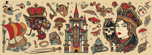 Old school tattoo collection. Fairy tales. Medieval castle, queen in the golden, crown, dragon, knight, viking boat, sword and princess frog. Middle Ages magic legends. Fantasy tattooing style