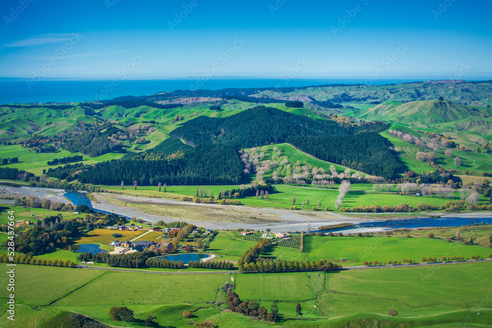 Aerial view of the Tukituki river valley and The Craggy Range Vineyard from Te Mata Peak. Beautiful day at Hawkes Bay, New Zealand